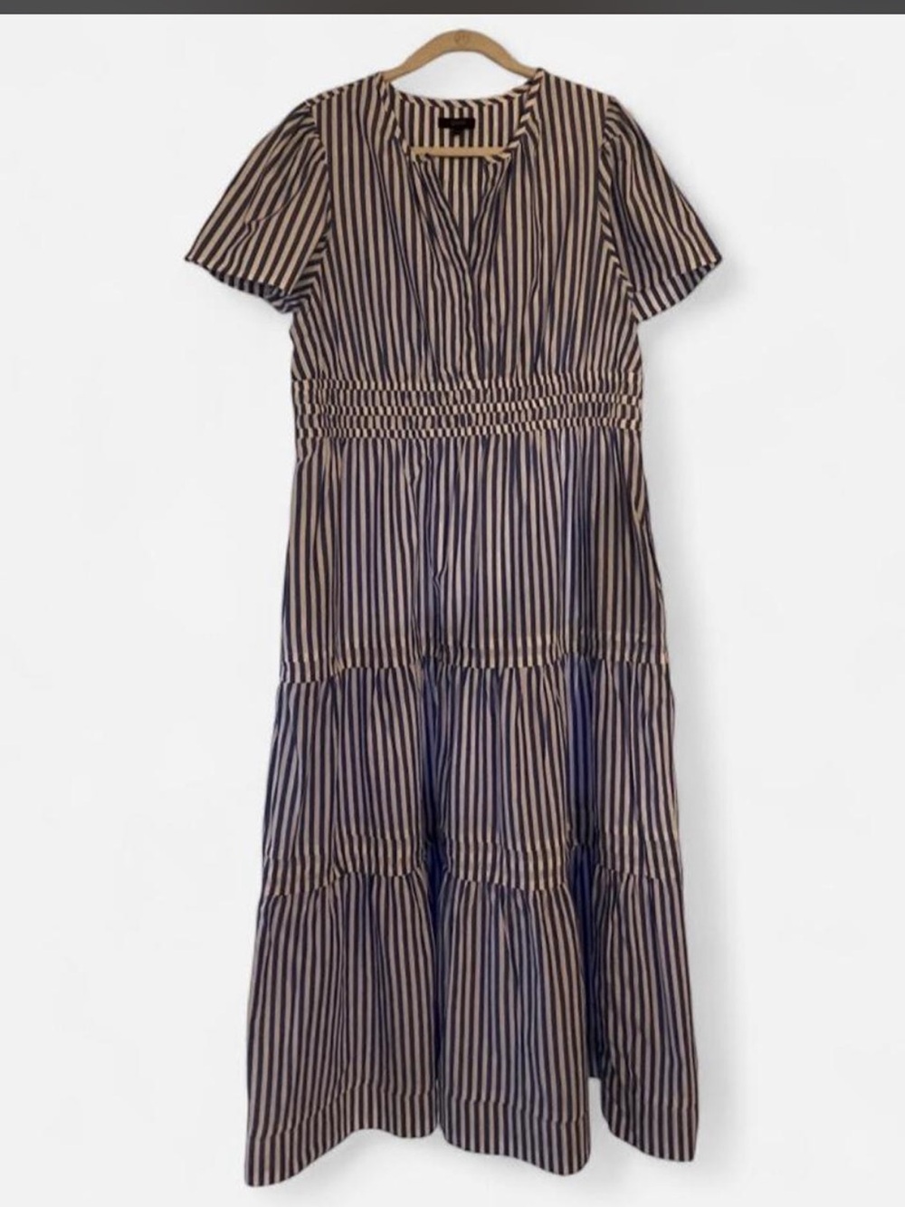 Quince 100% Organic Cotton Striped Short-Sleeve Tiered Maxi Dress Blue and White